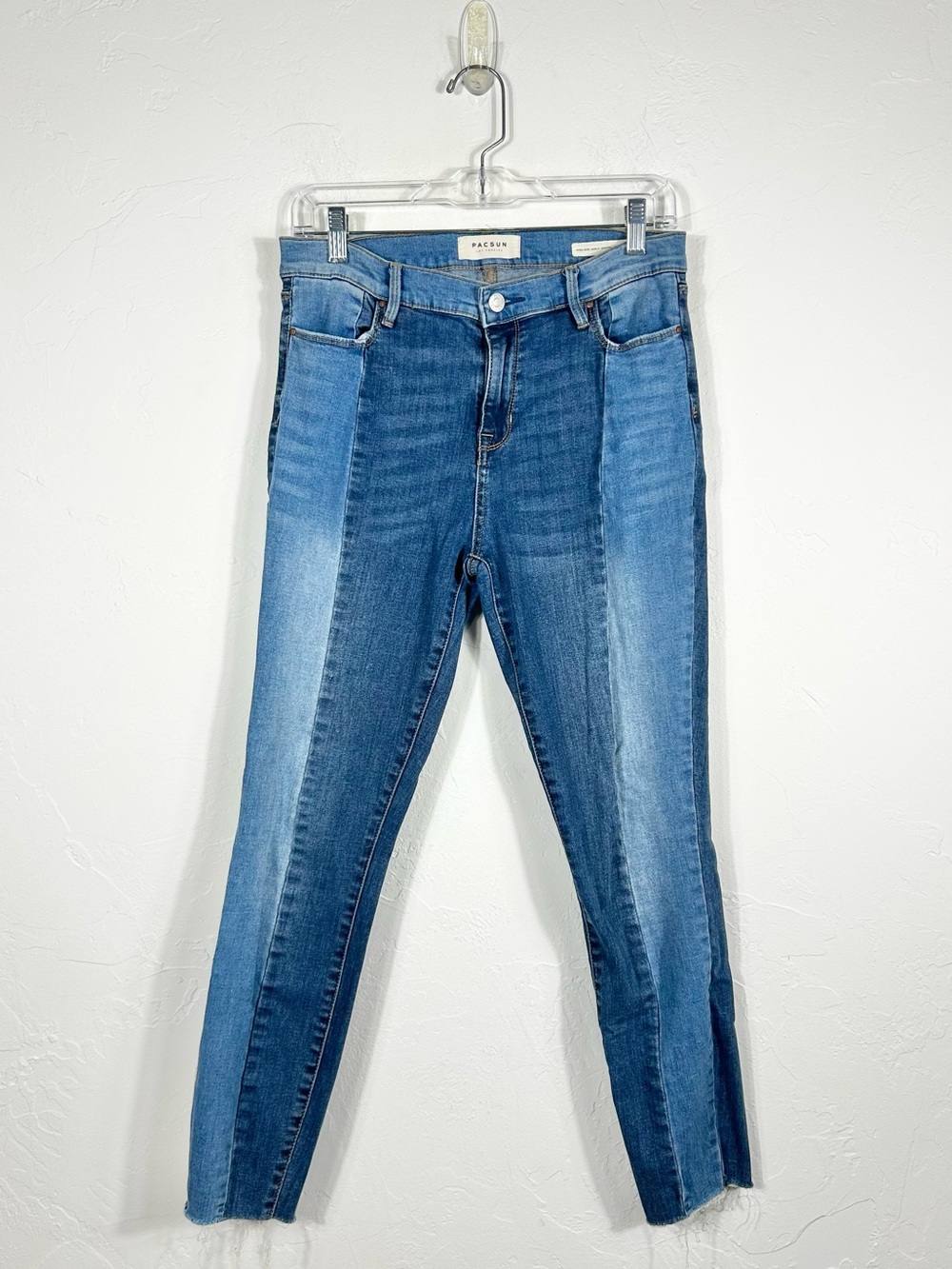 PacSun High Rise Ankle Jegging Size 27 Two Tone Paneled Blue Jeans Raw Hem